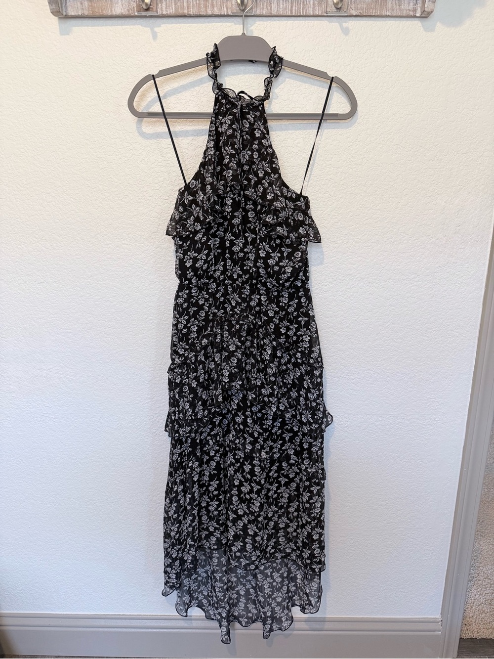 Express Black Floral Halter High Low Maxi Dress with White Print